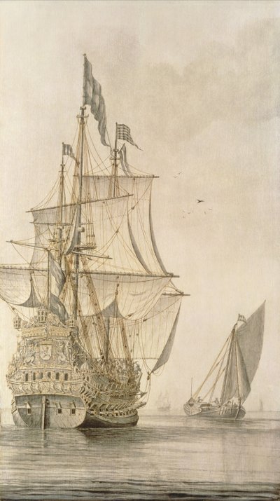 Un vascello da guerra a vela visto da poppa con una caldaia vicina da Cornelius Bouwmeester